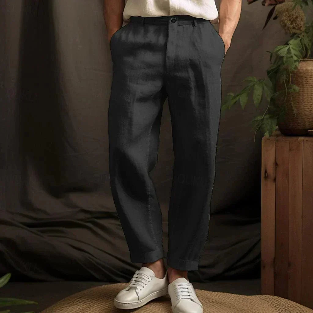 Men's black linen pants with lightweight breathable fabric
