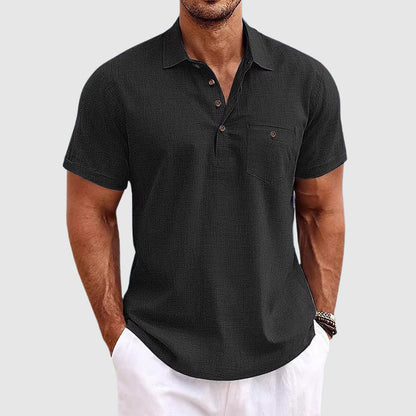 Men's black linen polo shirt with short sleeves and relaxed fit for smart casual summer outfits