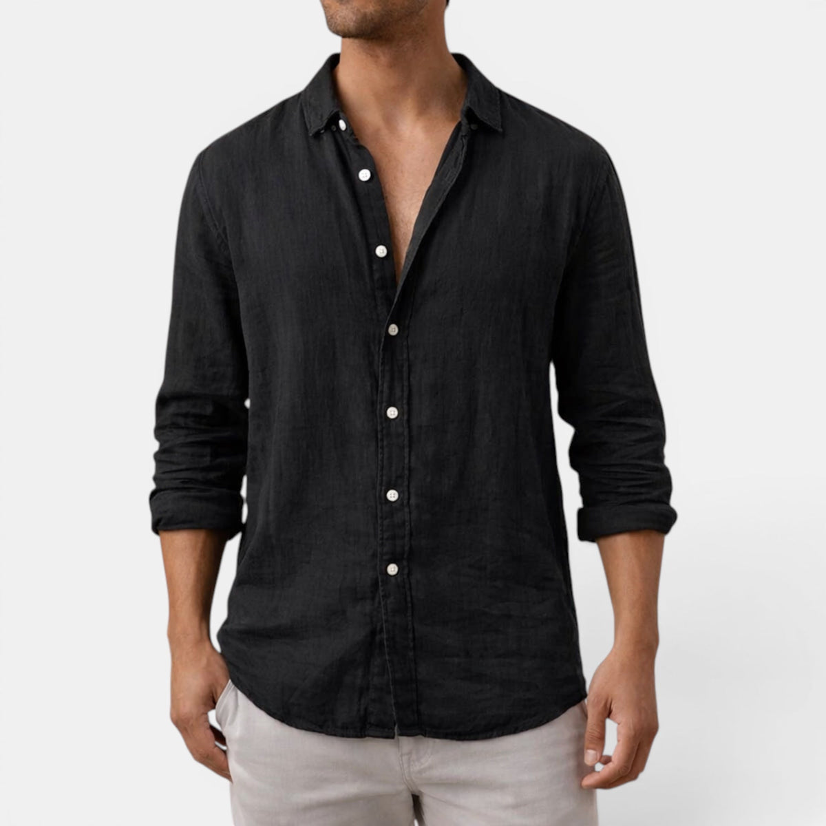 Men's black linen shirt with breathable fabric, regular fit and long sleeves