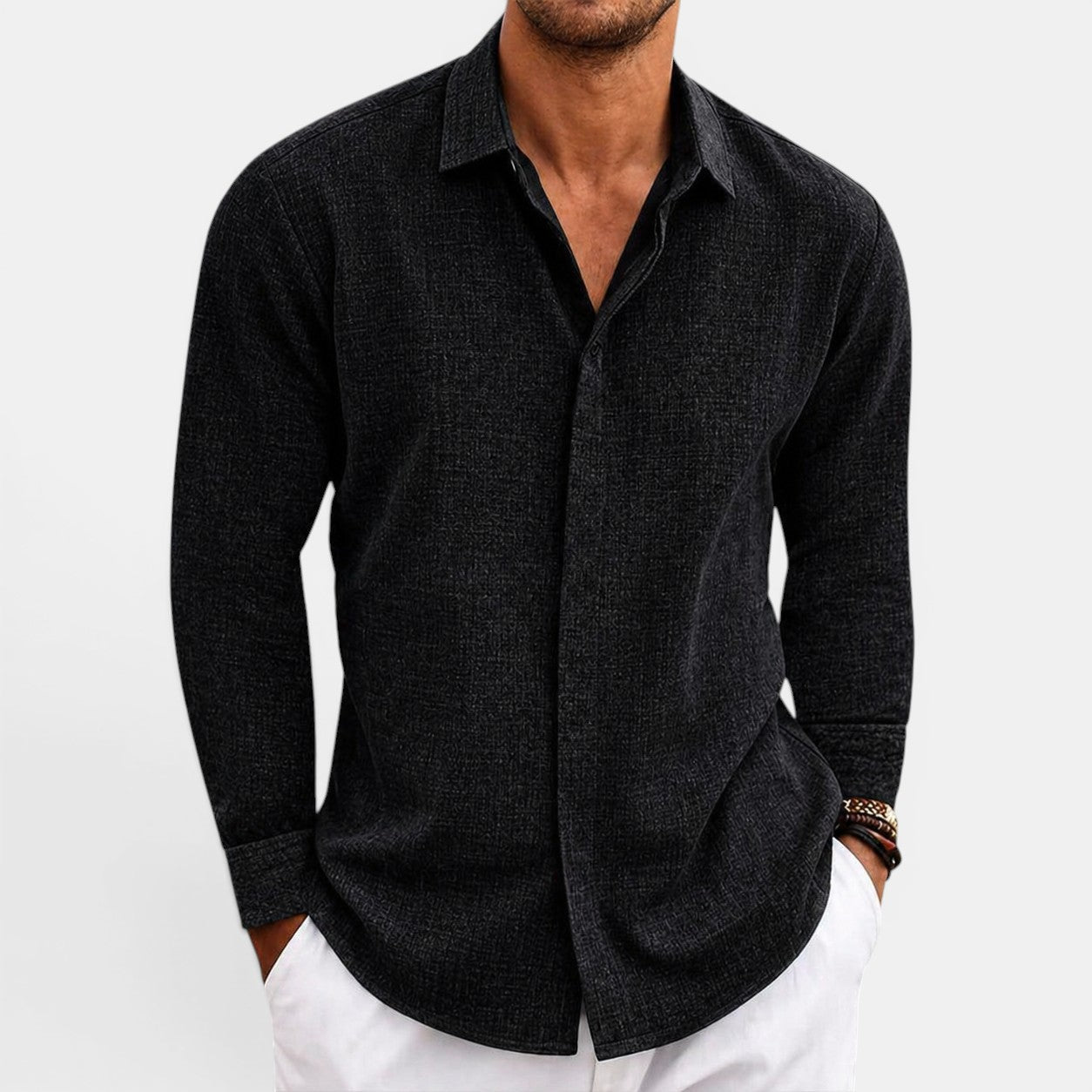 Men's black lightweight linen shirt with breathable fabric and relaxed fit for effortless summer style