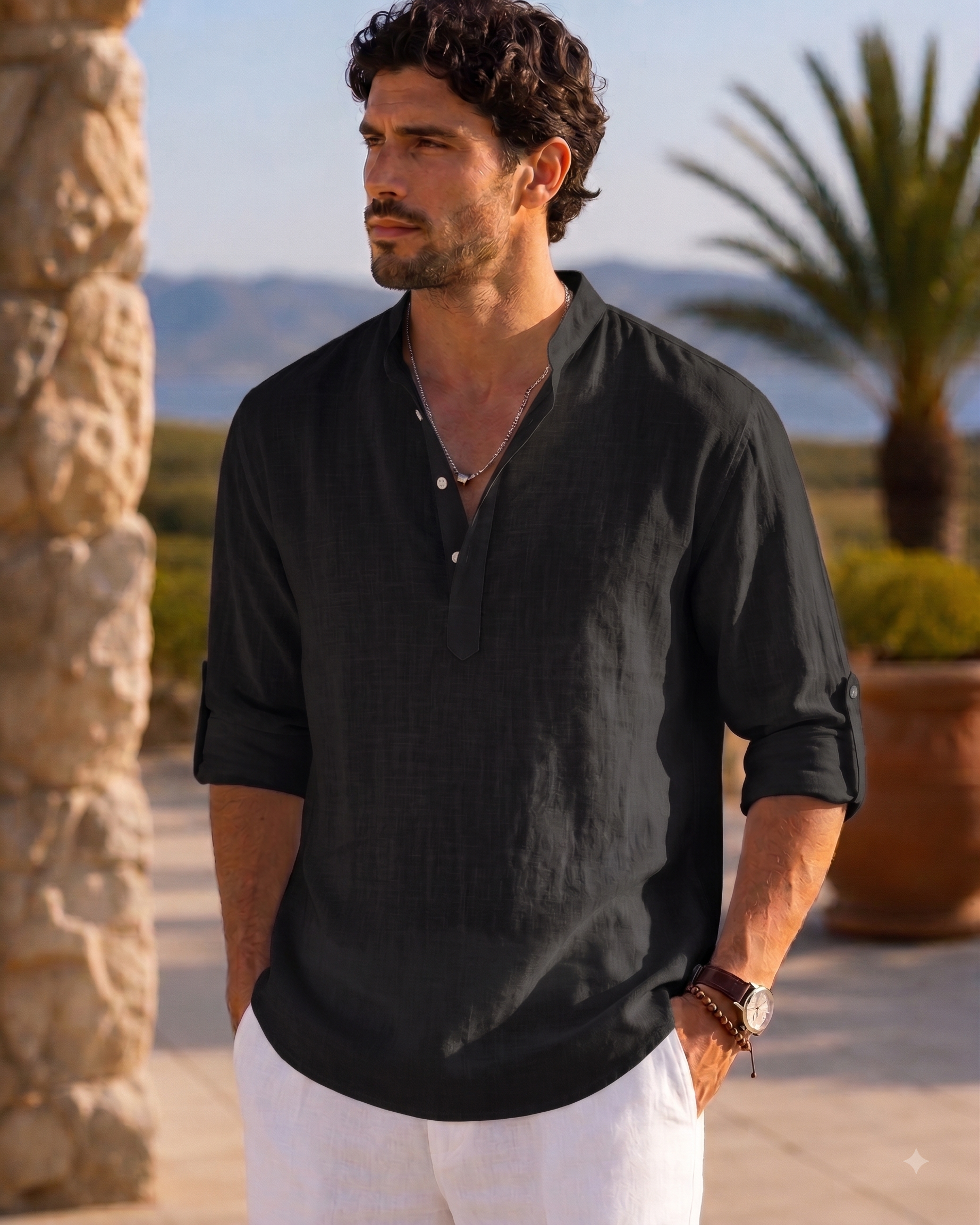Men's black lightweight linen shirt with classic collar