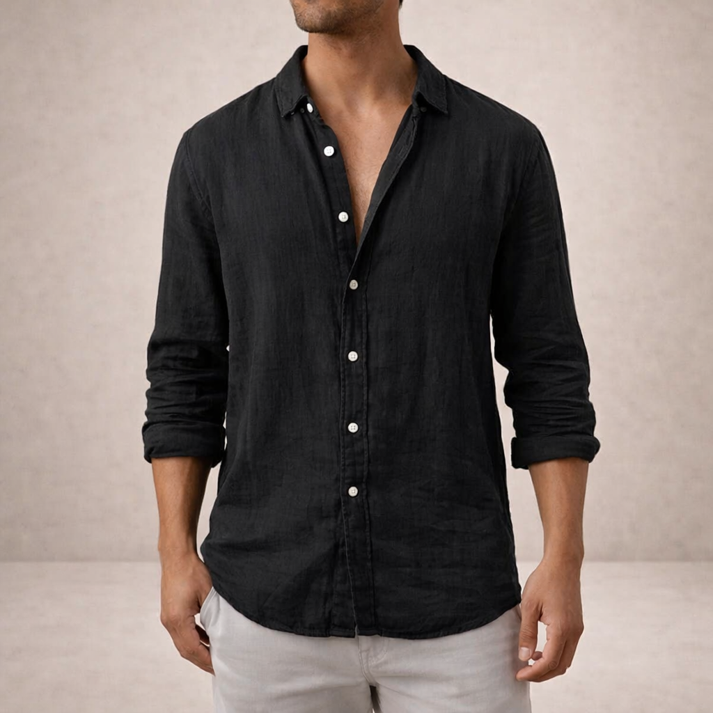 Men's black linen shirt with mandarin collar and regular fit