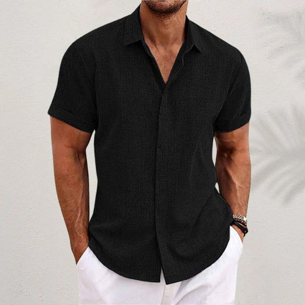 Men's black short sleeve linen shirt with relaxed fit