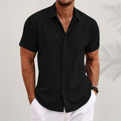 Men's black short sleeve linen shirt with relaxed fit