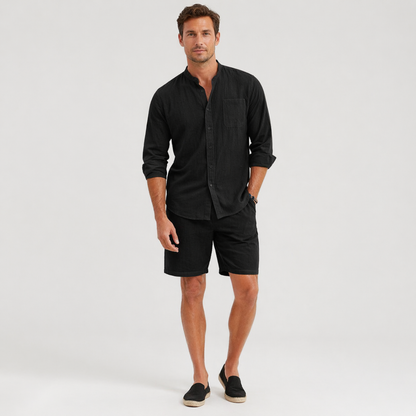 Men's black linen shirt and shorts set with relaxed fit, matching two-piece summer outfit