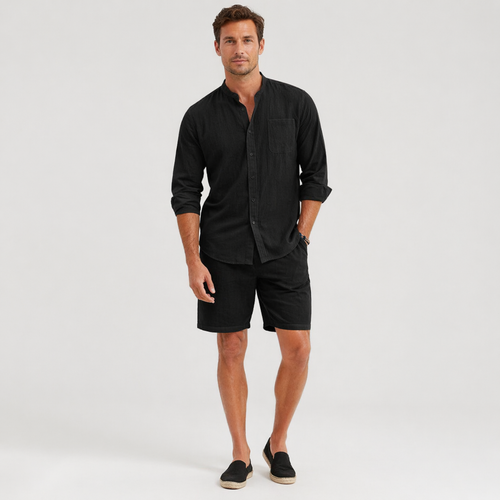 Men's black linen shirt and shorts set with relaxed fit, matching two-piece summer outfit
