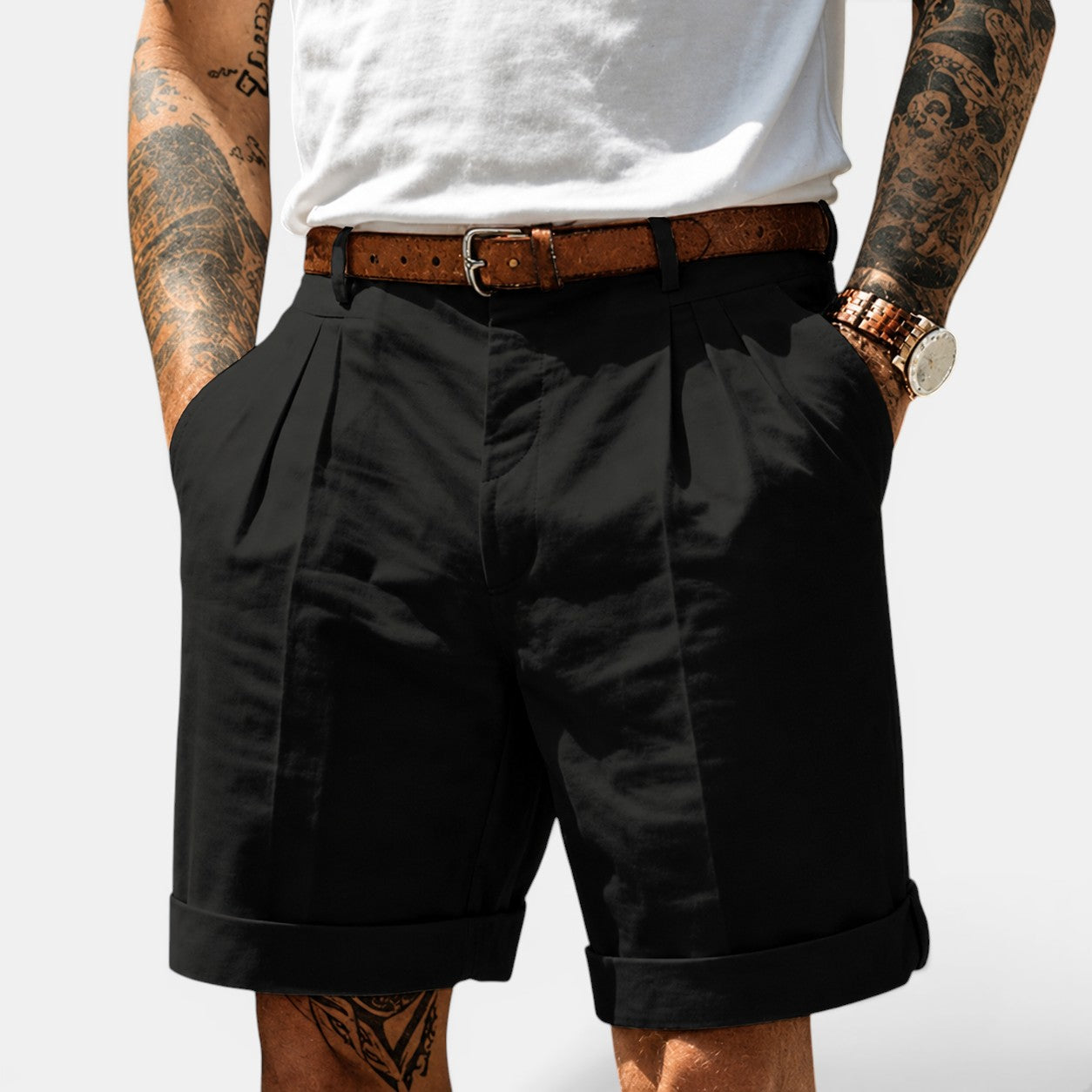 Men's black linen shorts with a relaxed fit and breathable feel for refined summer casual wear