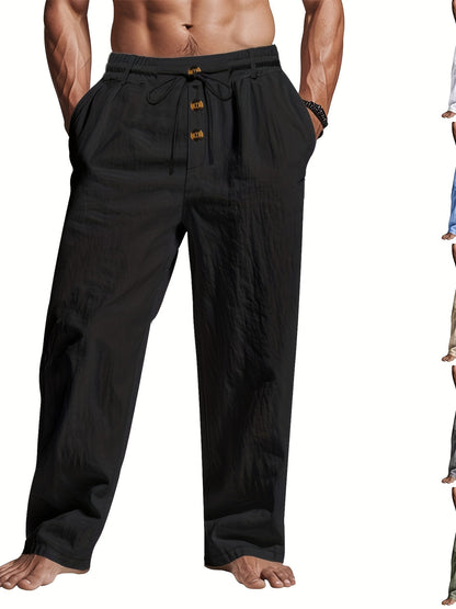 Men's black linen summer pants with straight-leg fit and adjustable drawstring