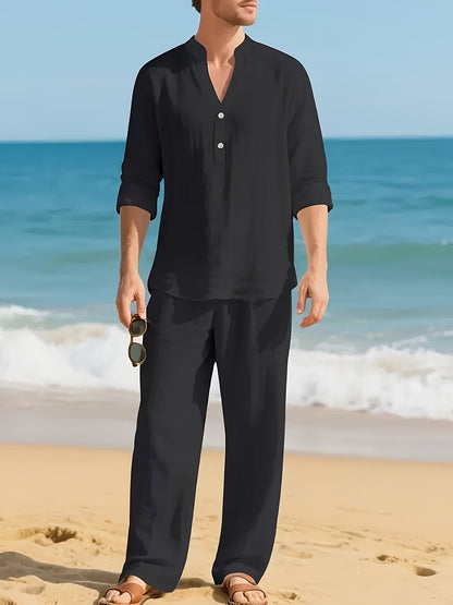 Men's black linen summer set with relaxed fit and breathable fabric