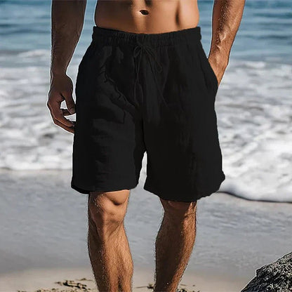 Men's black linen swim shorts with quick-dry design for beach and pool days