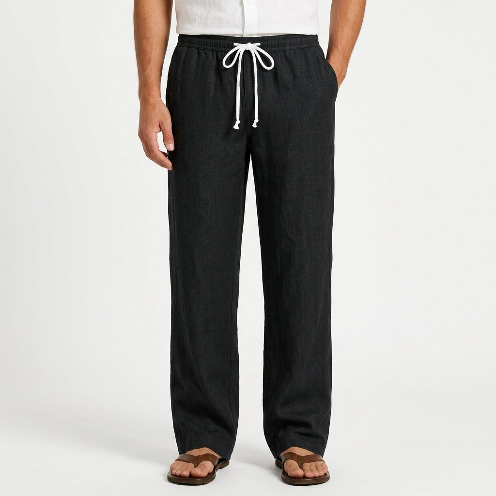 Men's black linen trousers with straight-leg fit and adjustable drawstring waist
