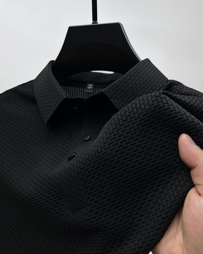 Men's black mesh polo shirt with breathable lightweight fabric