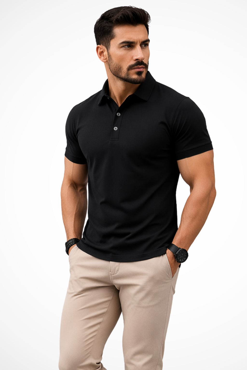 Men's black muscle fit polo shirt with short sleeves, classic collar and tailored silhouette