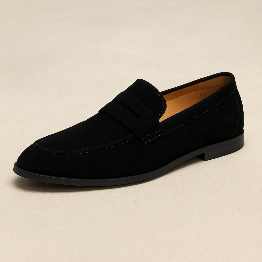 Men's black penny loafers with classic slip-on design for smart casual style
