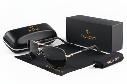 Men's black polarized aviator sunglasses with lightweight metal frame