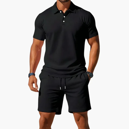 Men's black polo shirt and shorts set with lightweight casual design for summer wear