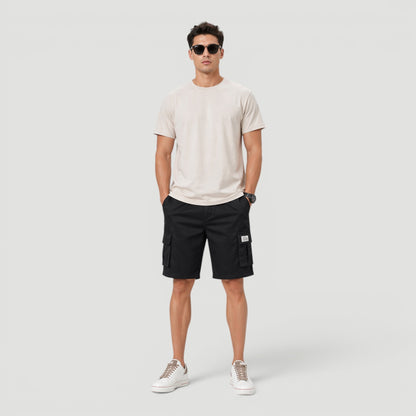 Men's black polyester cargo shorts with adjustable drawstring waist and multiple pockets