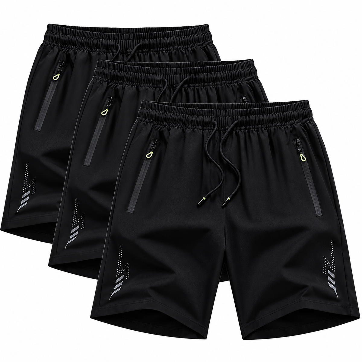 Men's black polyester elastane sports shorts 3-piece with breathable quick-dry stretch fabric
