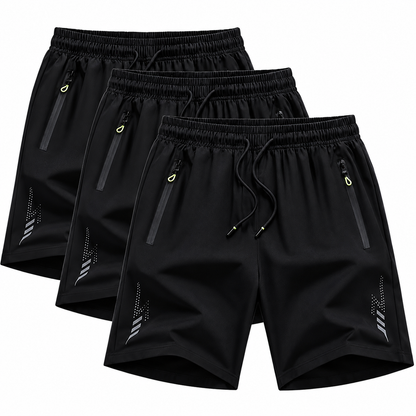 Men's black polyester elastane sports shorts 3-piece with breathable quick-dry stretch fabric