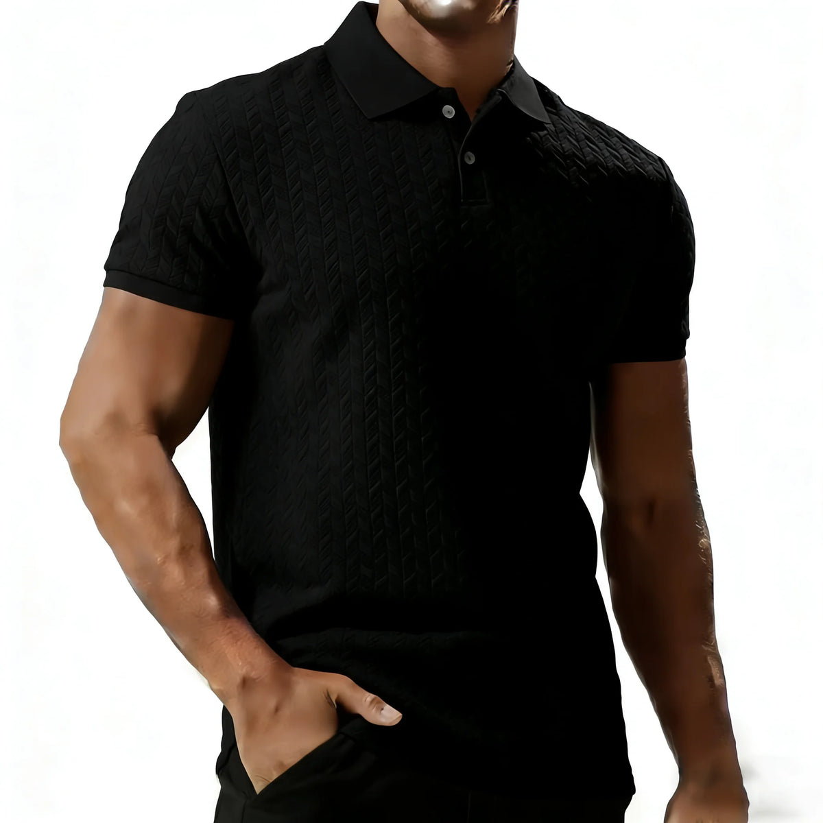 Men's black polyester polo shirt with short sleeves and turn-down collar for versatile smart casual outfits