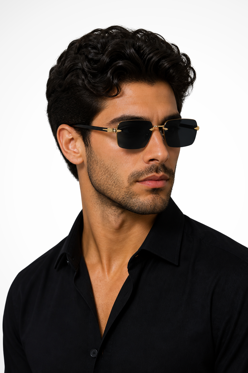 Men's black rimless sunglasses with gold bridge and gradient tinted lenses for minimalist smart-casual style