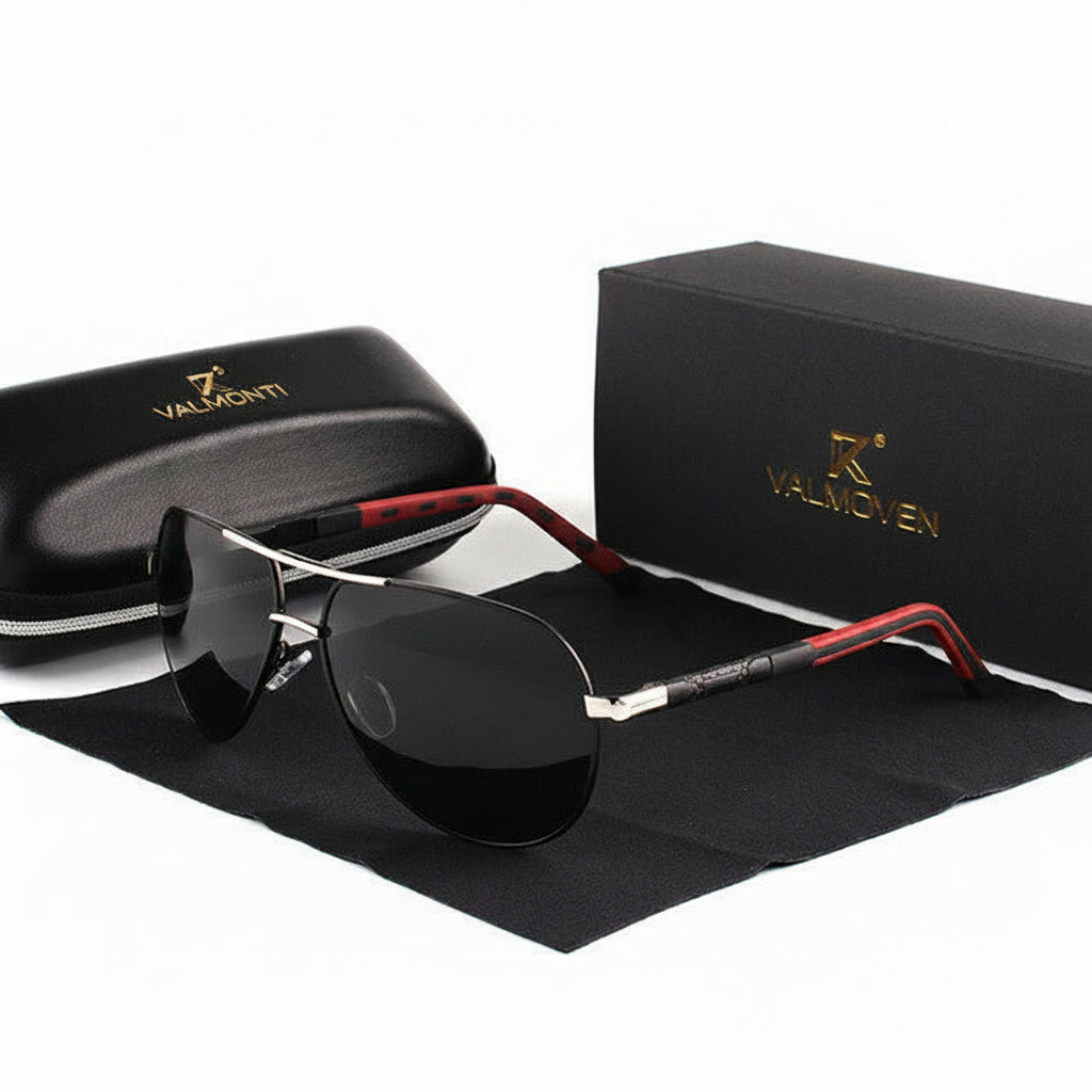 Men's black and silver polarized aviator sunglasses with lightweight metal frame