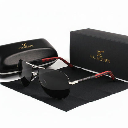 Men's black and silver polarized aviator sunglasses with lightweight metal frame
