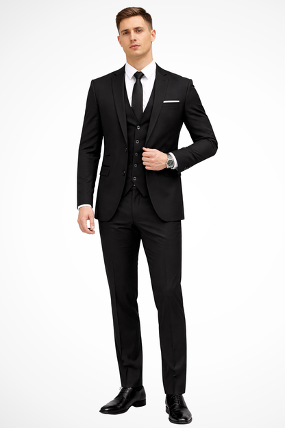 fit-3-piece-suit
Men's black slim fit 3 piece suit with notch lapel, waistcoat and matching trousers