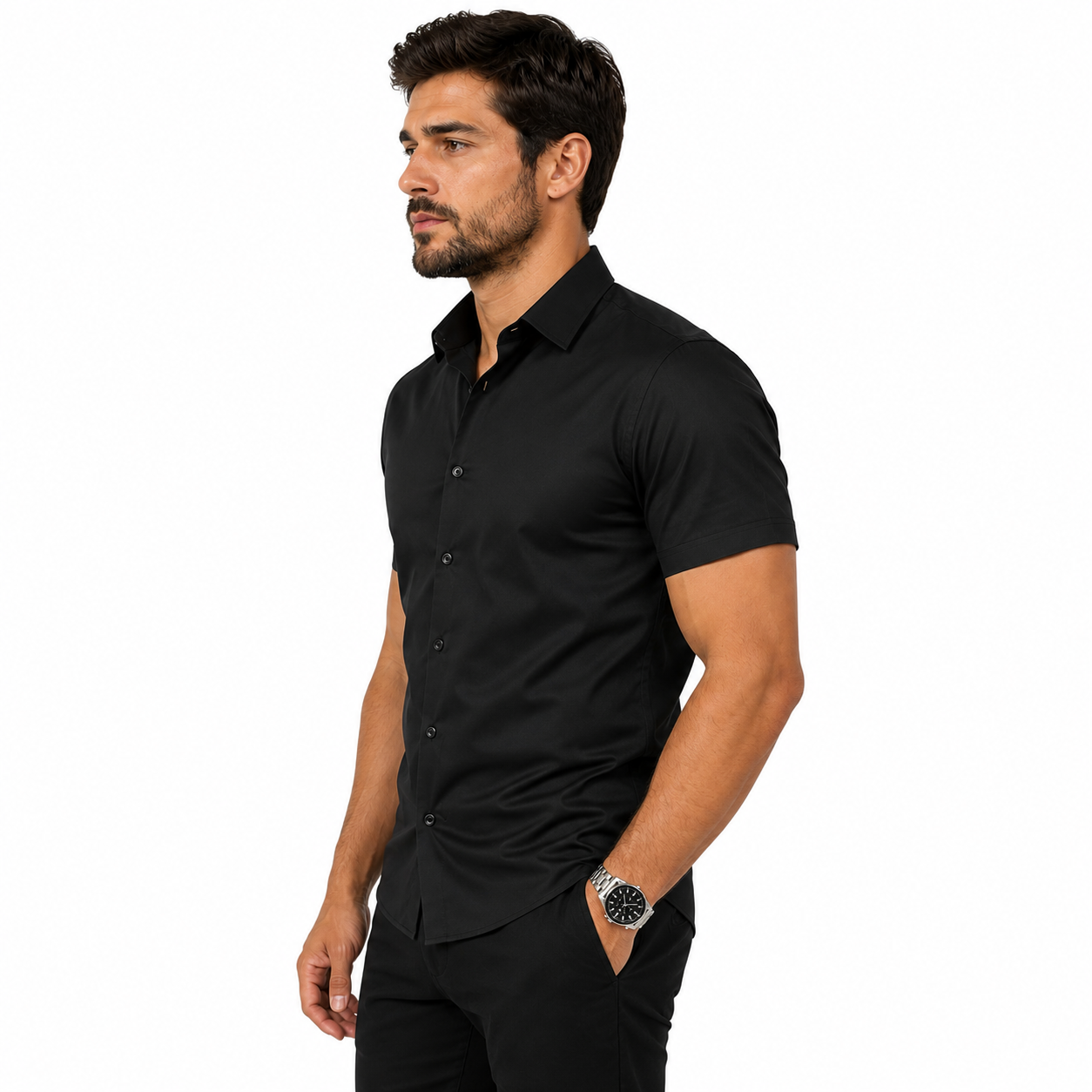 Side view of men's black short sleeve stretch shirt