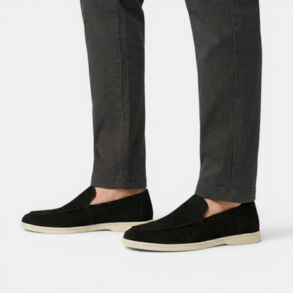 Men's black suede loafers with comfortable slip-on design for summer, dinners and smart-casual outfits
