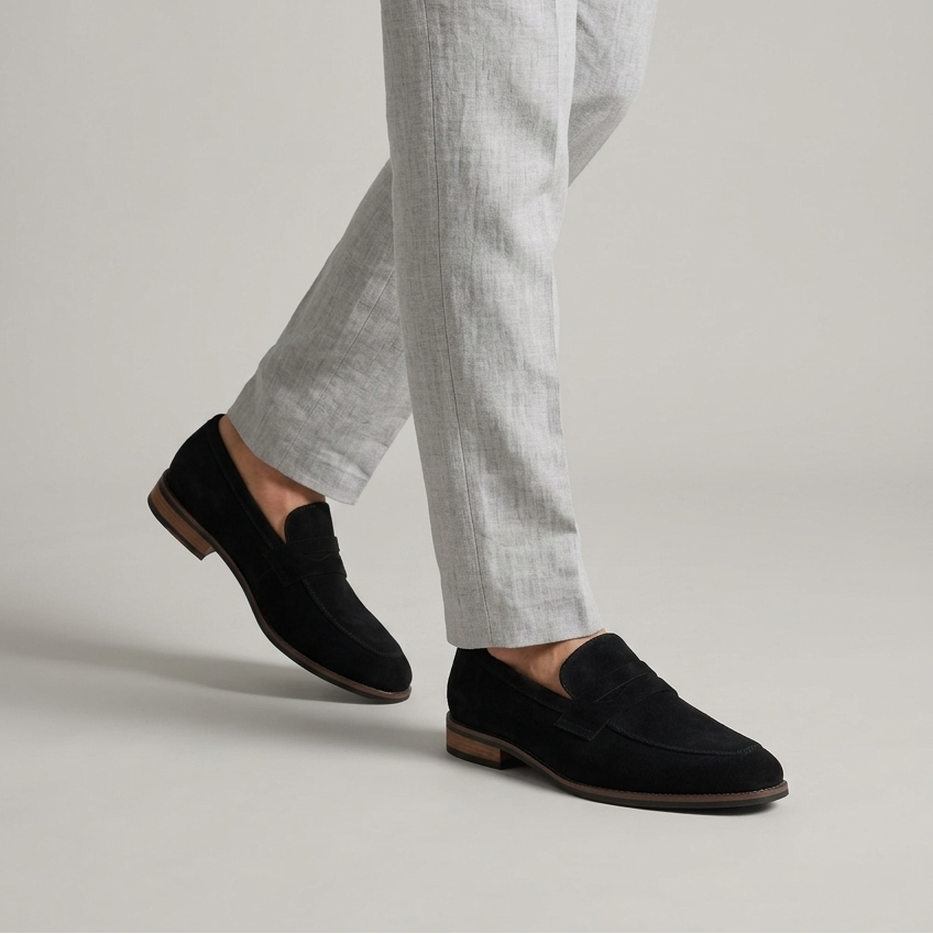 Men's black synthetic loafers with classic strap detail and slip-on design for formal and smart casual outfits