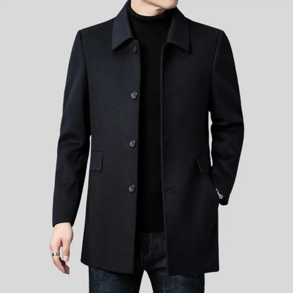 Back view of men's black wool coat with tailored fit