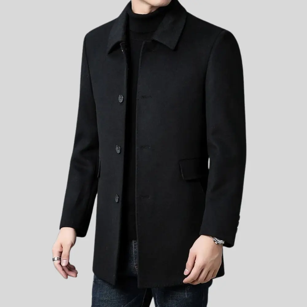 Side view of men's black wool coat with tailored fit