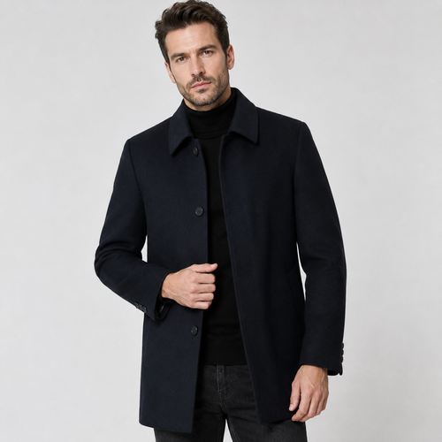 Men's black wool coat with tailored fit