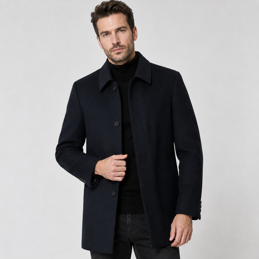 Men's black wool coat with tailored fit