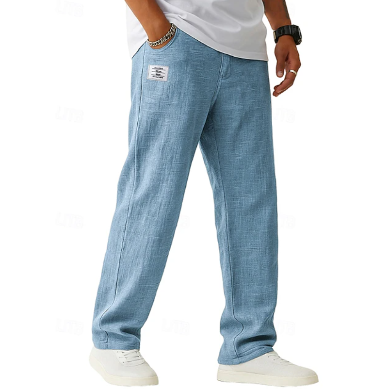 Men's blue casual trousers with relaxed straight-leg fit for everyday and smart-casual wear