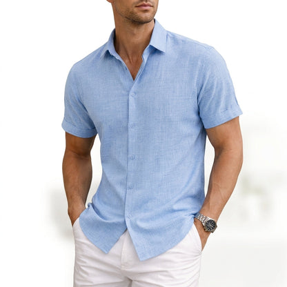 Men's blue cotton shirt with short sleeves, tailored fit and structured spread collar