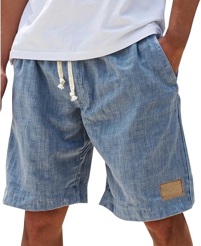 Men's blue cotton shorts with relaxed fit, elasticated drawstring waist and side pockets