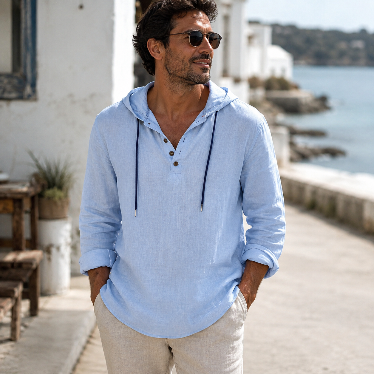 Men's blue linen blend hooded pullover shirt with button placket and relaxed fit