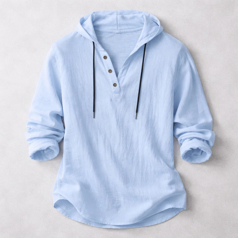 Men's blue linen blend hooded shirt showing button placket, drawstring hood and long sleeve design