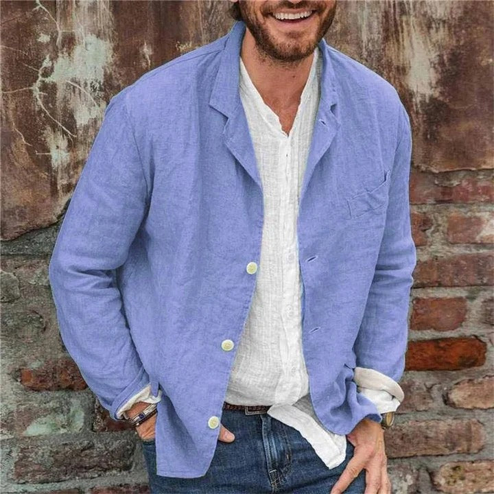 Men's blue linen jacket with lightweight relaxed fit for summer and smart casual style