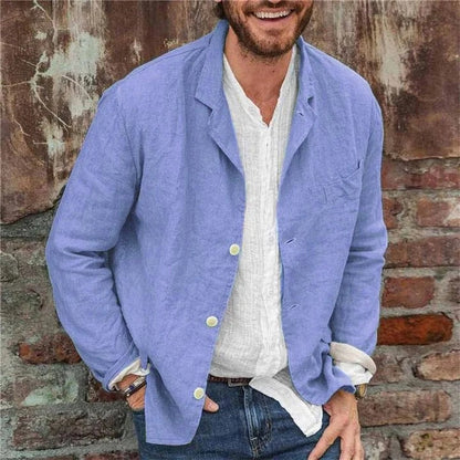 Men's blue linen jacket with lightweight relaxed fit for summer and smart casual style