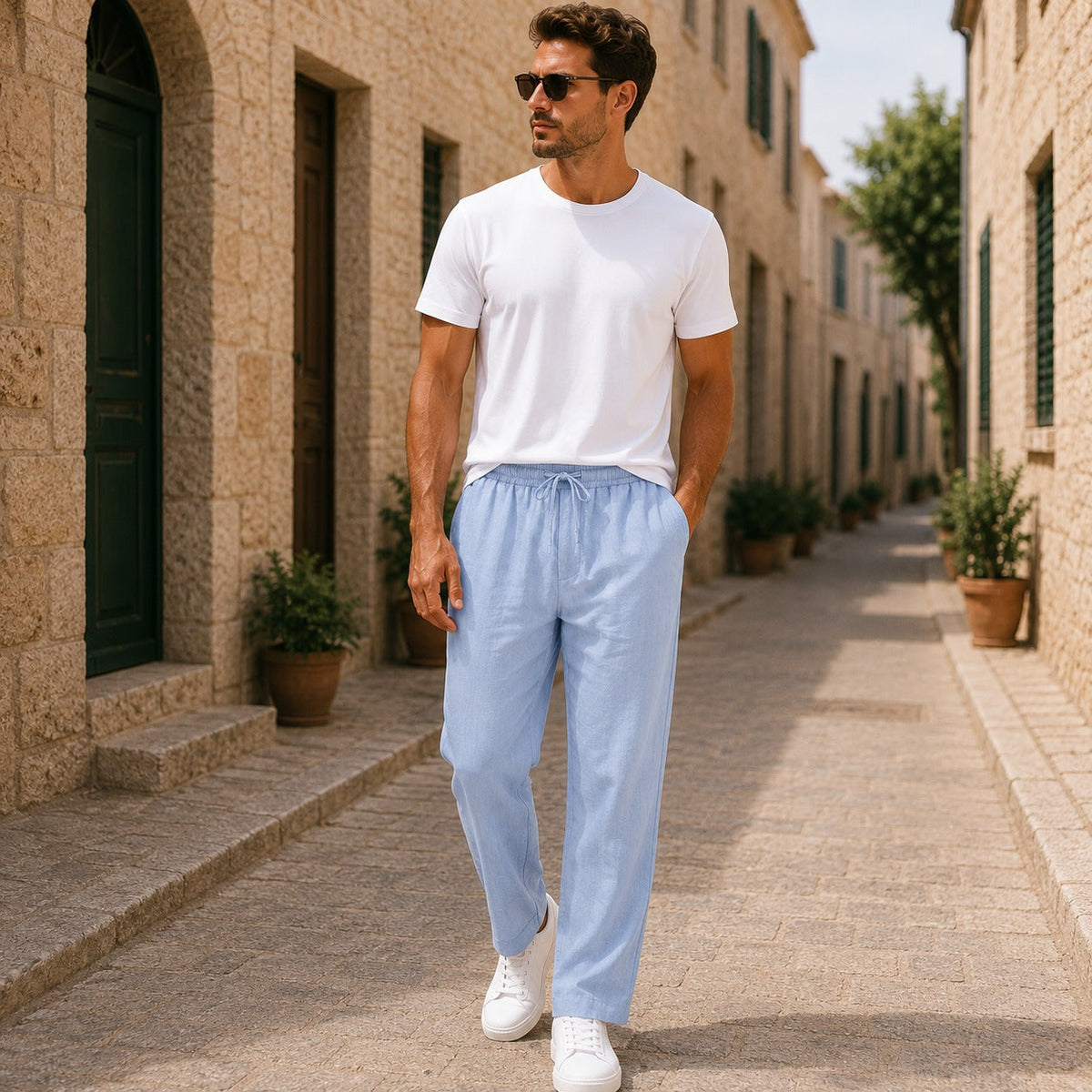 Men's blue linen pants with lightweight fabric, relaxed fit and straight-leg design