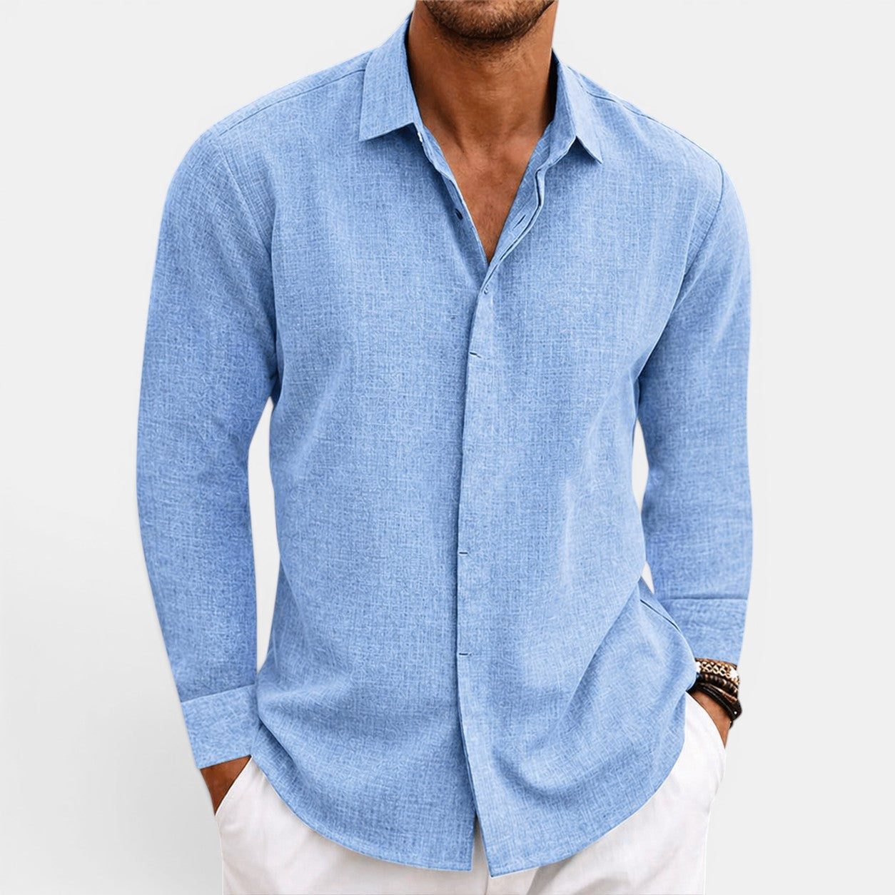 Men's blue lightweight linen shirt with breathable fabric and relaxed fit for effortless summer style