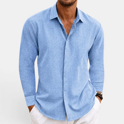 Men's blue lightweight linen shirt with breathable fabric and relaxed fit for effortless summer style