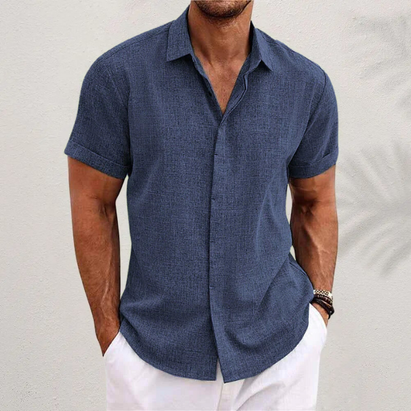 Men's blue short sleeve linen shirt with relaxed fit
