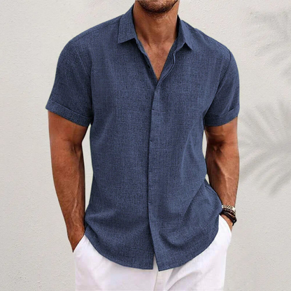 Men's blue short sleeve linen shirt with relaxed fit
