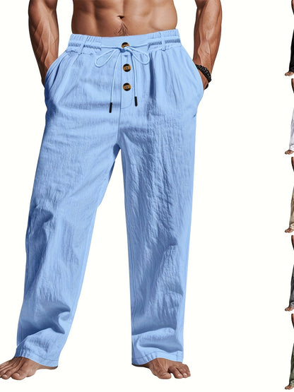Men's blue linen summer pants with straight-leg fit and adjustable drawstring
