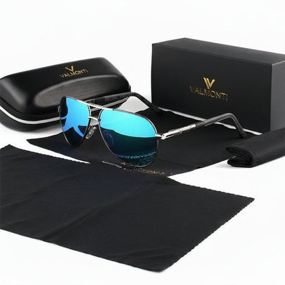 Men's blue polarized aviator sunglasses with lightweight metal frame