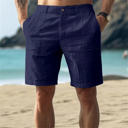 Men's blue relaxed fit shorts with flexible waistband and comfortable casual design